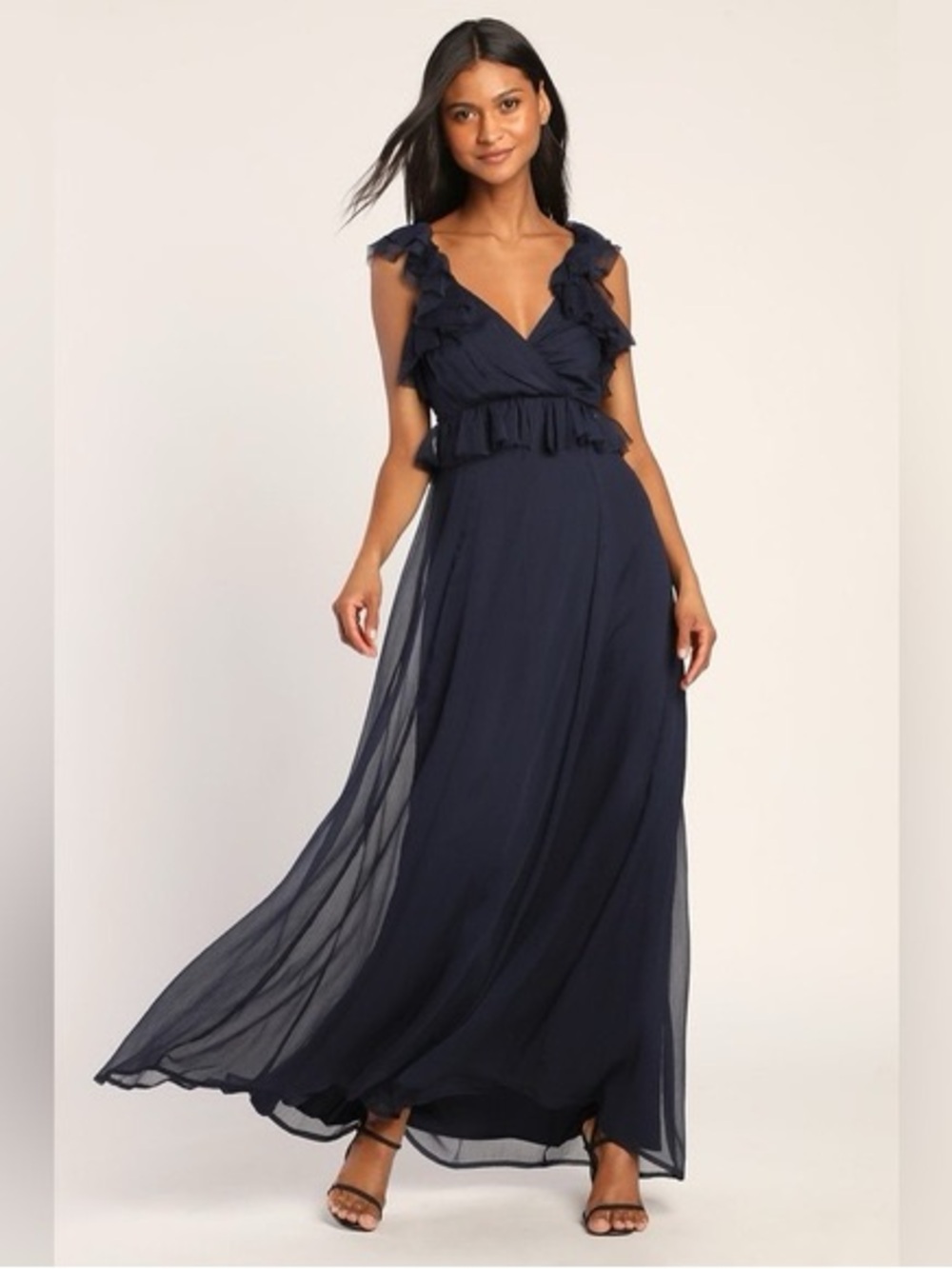 Lulus Navy Ruffled V-Neck Maxi Dress with Tie-back size Small